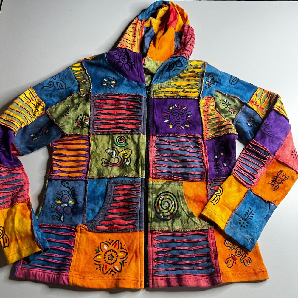 Rising International Patchwork Razor Cut Boho Hoodie Jacket XXL Multicolor Nepal